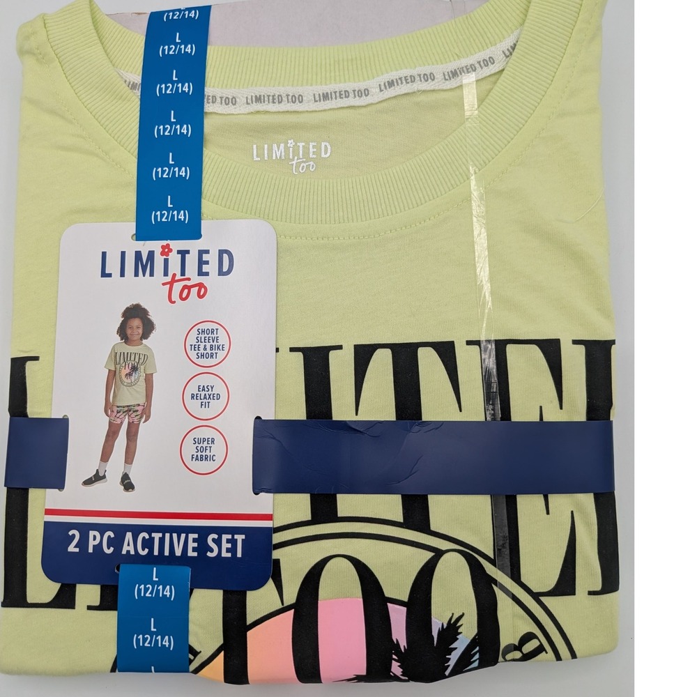 Limited Too Girls L 12 14 Lime Green 2 Piece Active Set T Shirt Shorts Palm Tree